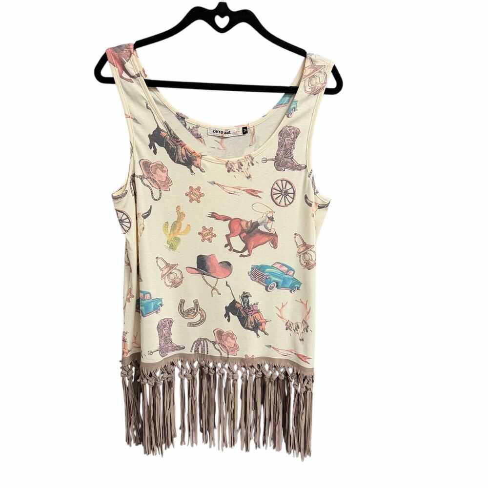 Origami by Vivien Fringe Trim Western Print Tank Top Medium Rodeo Cowgirl